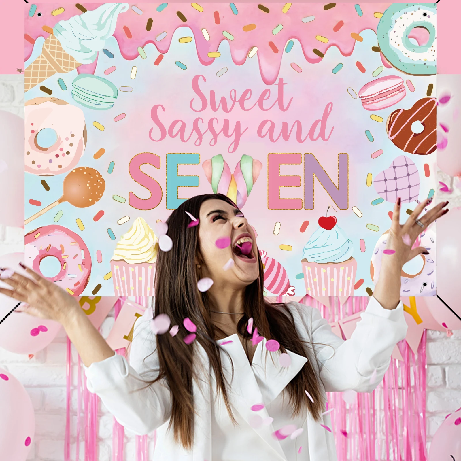 لافتة وردية خلفية لزينة حفلات أعياد الميلاد ، ساسي حلو ، دونات 7 ، دونات 7