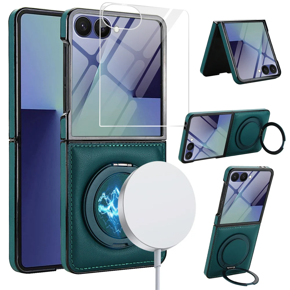 

Кожаный флип-чехол с вращающимся кольцом и кронштейном для Samsung Z Flip 7 6 5 4 Zflip6 ZFlip5 ZFlip4 Zflip7 Magsafe, противоударный чехол-держатель