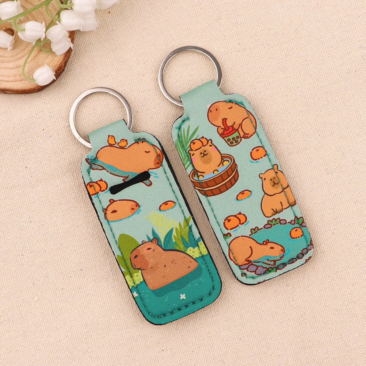 Cartoon Capybara Clip On Lipstick Sleeve Holder Trendy Lip Balm Key Chain Lip Balm Holder Girls Women Bag Charms Keyring Gifts