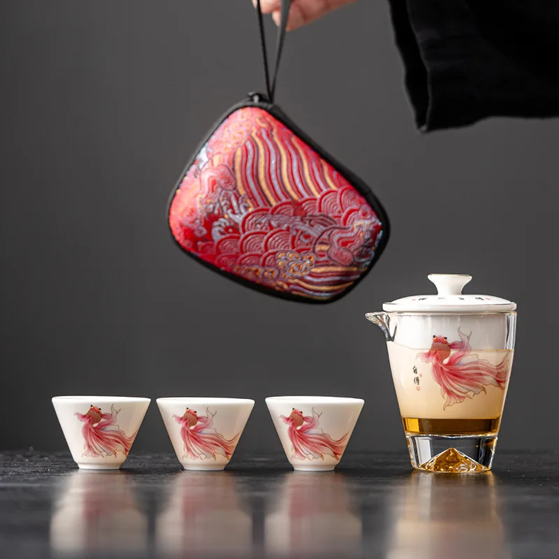 

Outdoor Car Suet Jade Porcelain Travel Tea Set Ceramic One Pot Three Cups Portable Kung Fu Tea Set