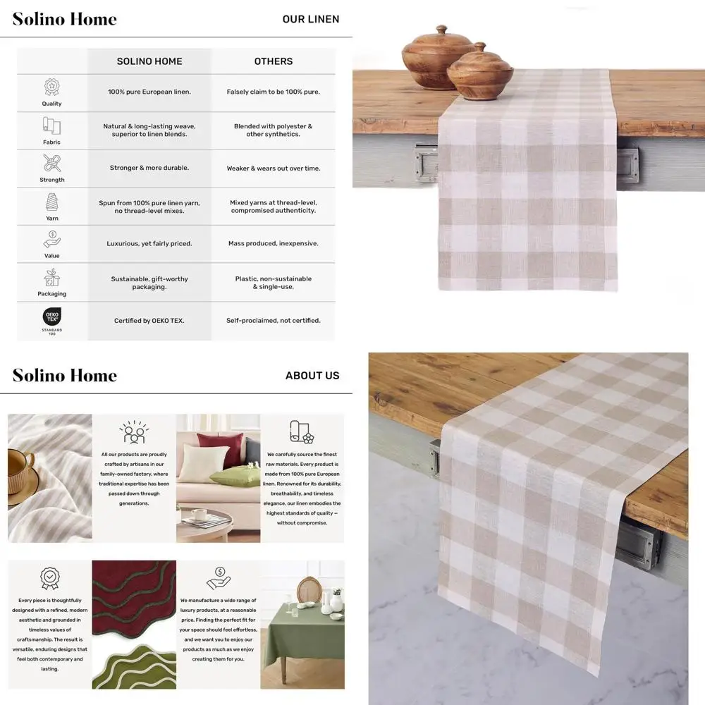 

Natural and White 100% Linen Checkered Table Runner, 14x90 Inches, Perfect for Dining and Spring Celebrations