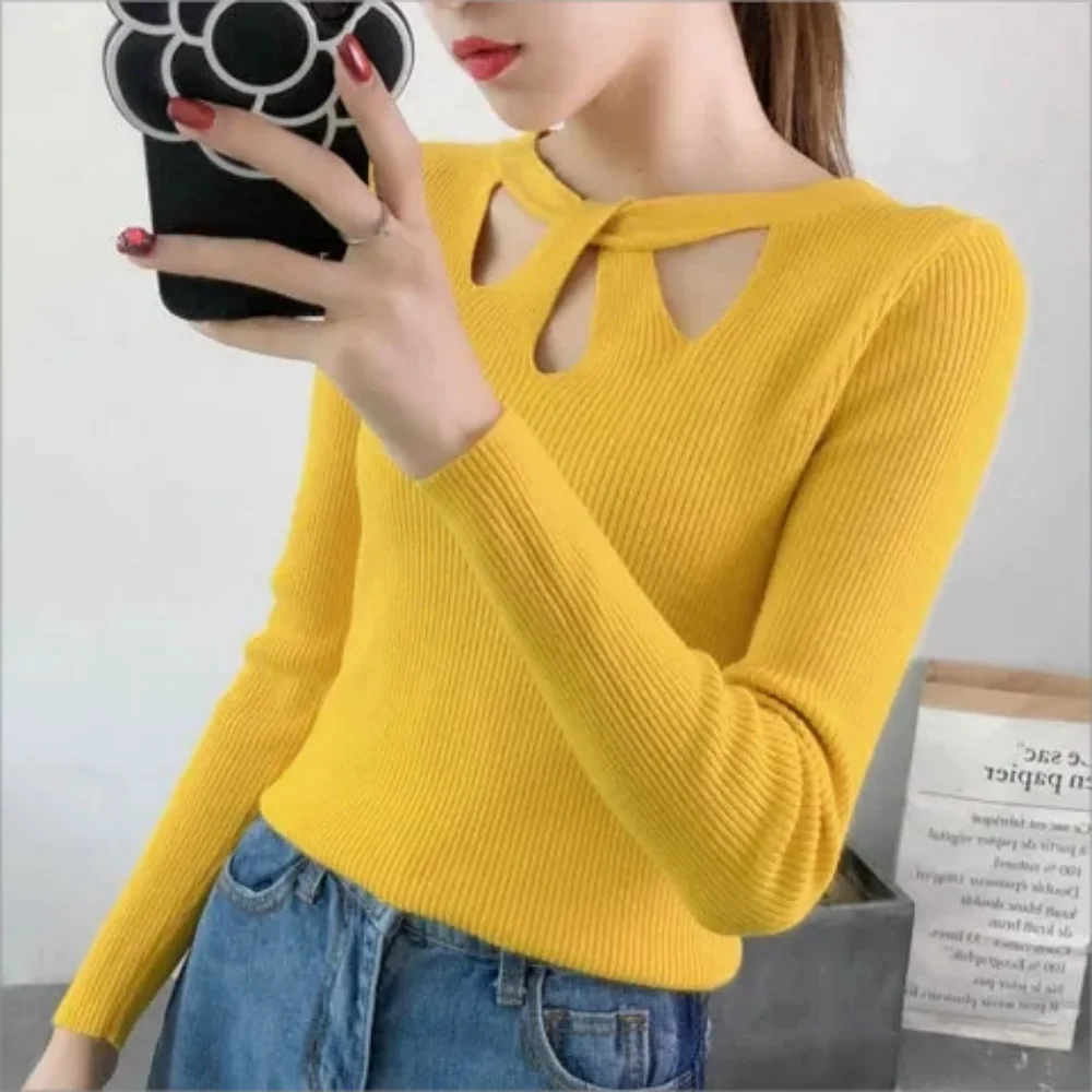 Nuevo estilo suéter de punto con recorte frontal para mujer Otoño Invierno versión coreana Slim Fit Sexy Top elástico de manga larga.