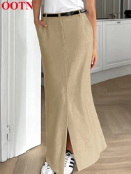 OOTN Elegant Trumpet Skirts Fashion Street High Waist Skirts Women 2024 Summer Casual Female Office Khaki Long Skirt Solid