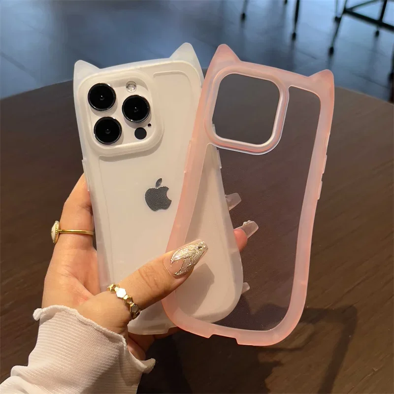 Cartoon Lovely Cat Ears Silicone Soft Case For iPhone 11 12 15 14 13 Pro Max 16 Plus Transparent Soft Shockproof Cover Cute Girl