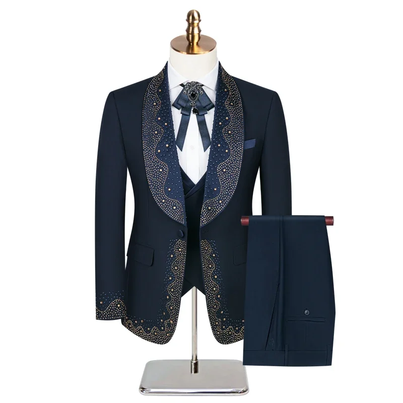 2024 conjunto de ternos masculinos de luxo leve de alta qualidade 3 peças, anfitrião de casamento banquete desempenho festa blazer vestido com calças colete, S-3XL