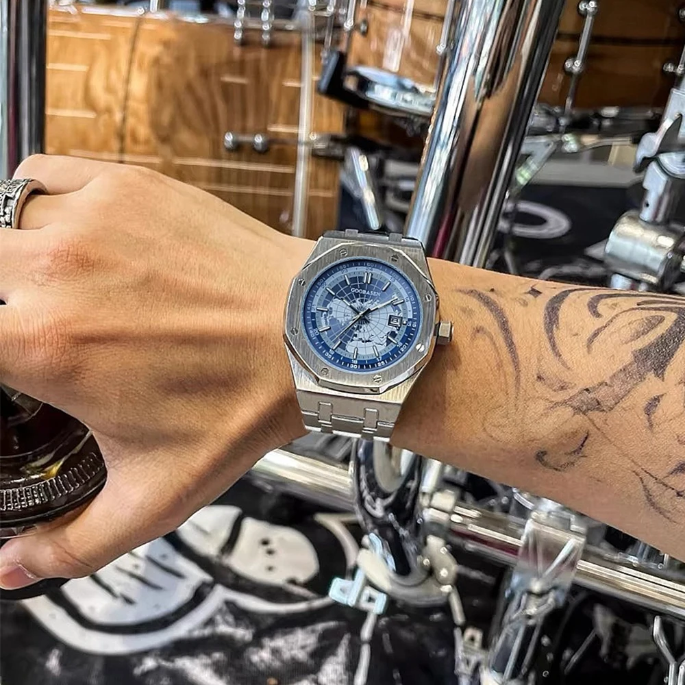 GOOBASEN montres pour hommes en acier fin planète bleue montre-bracelet à Quartz originale pour homme Imitation mouvement mécanique étanche Date
