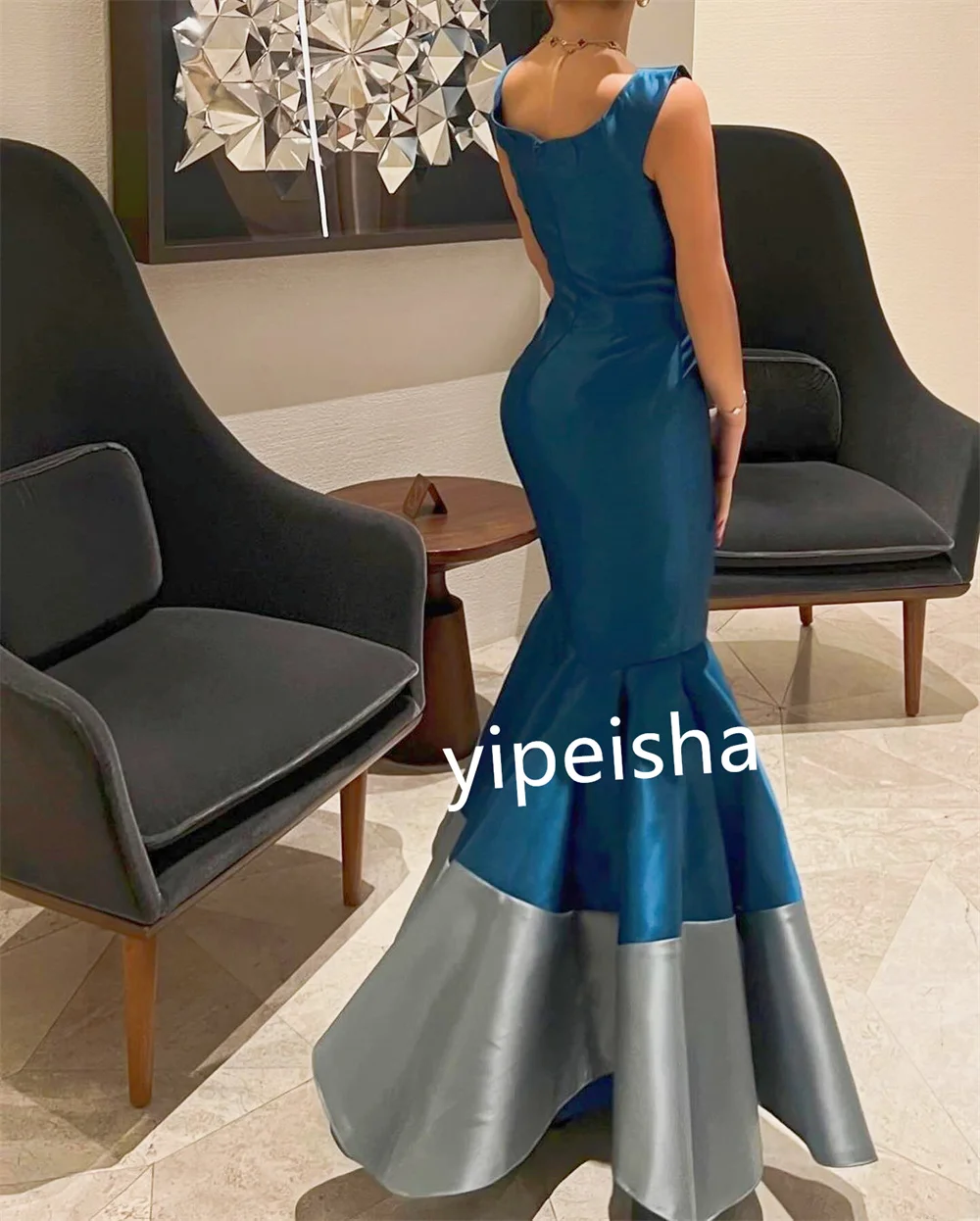 Personalizado exquisito satén plisado volante sirena con cuello en V vestidos por debajo de la rodilla vestidos de graduación estilo moderno Retro elegante Formal clásico