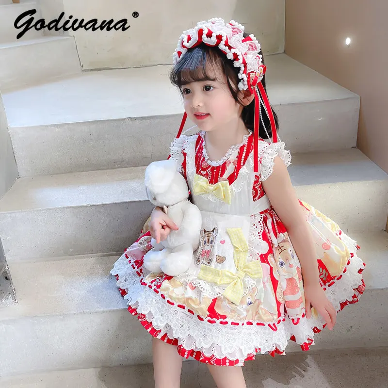 Sweet Baby Girls 2026 Summer New Lolita Dress Childrens Fashion Feifei Sleeve Lace Trim Cartoon Print Bow Princess Party Gown