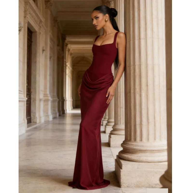 

Новое платье во французском стиле, длинное, приталенное, с плиссированными атласными бретелями, элегантное платье для свиданий и торжественных мероприятий.