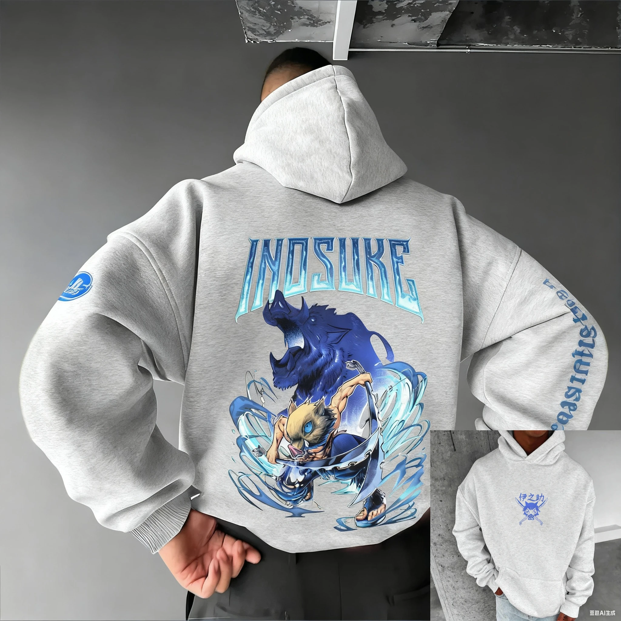 بانداي 2026 جديد شيطان القاتل كيميتسو نو يابا إينوسوكي مطبوعة الرجال سترة دافئة الوالدين والطفل حجم كبير فضفاض كم طويل #3