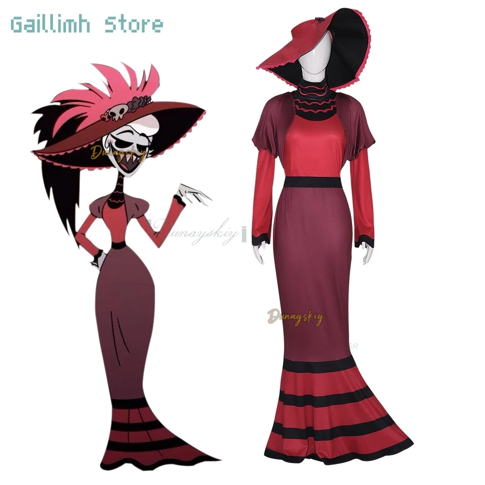

Anime Hell Female Lord Black And Red Tight Fishtail Dress Wide Brim Hat Wig Lady Suit Devil Rosie Cosplay Costume For Halloween