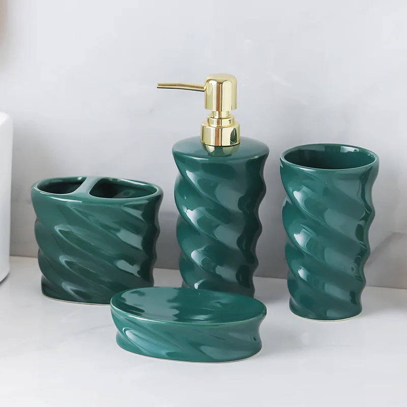 

Light luxury high-end washing kit sub-bottling emerald bathroom lotion bottle soap dish ceramic bathroom four-piece set