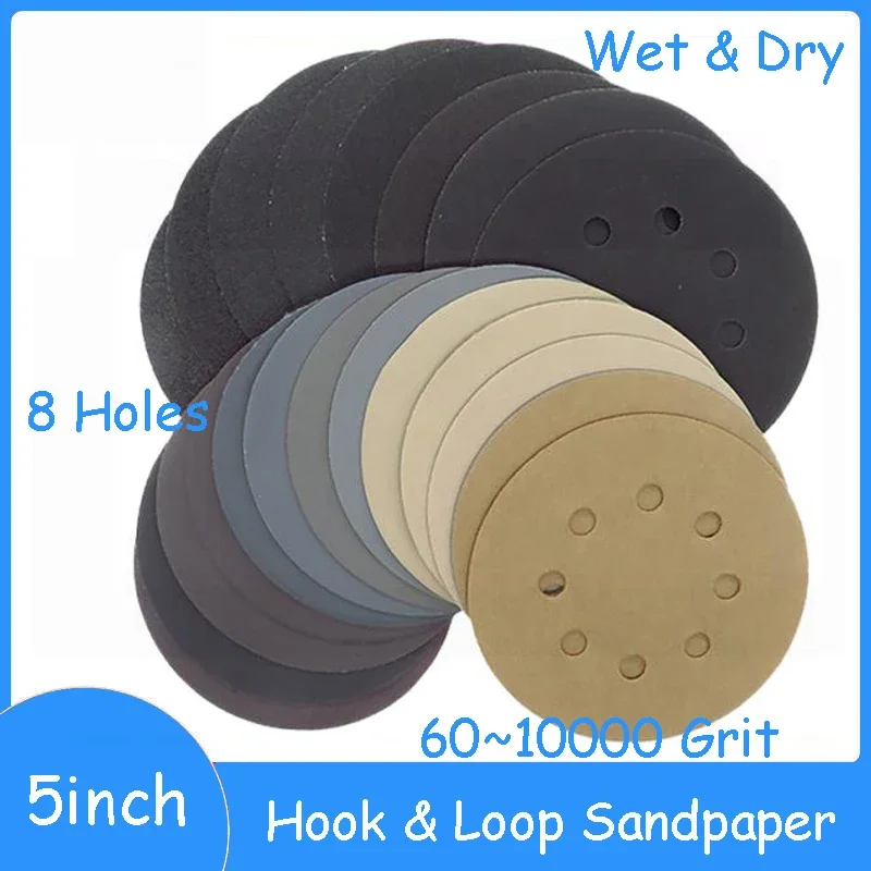 

5inch Sandpaper 125mm 60~10000 Grit Round Shape Sanding Discs Hook Loop Buffing Sheet Sandpaper 8 Hole Wet&Dry Sanding Pad