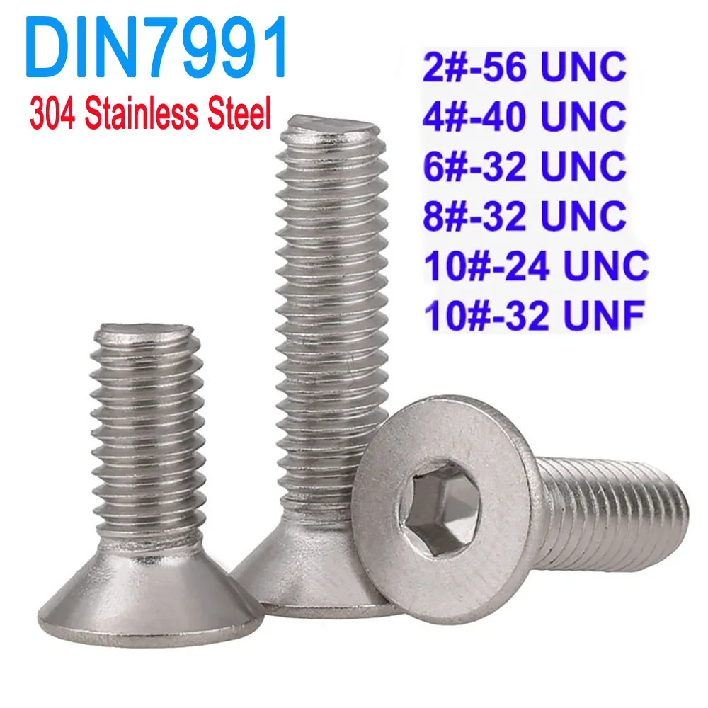 SUS304 الفولاذ المقاوم للصدأ DIN7991 مسامير المفاتيح المسطحة 2 #   3 #   4 #   5 #   6 #   8 #   10 #   UNC UNF موضوع مسدس المقبس مسامير الرأس غاطسة #2