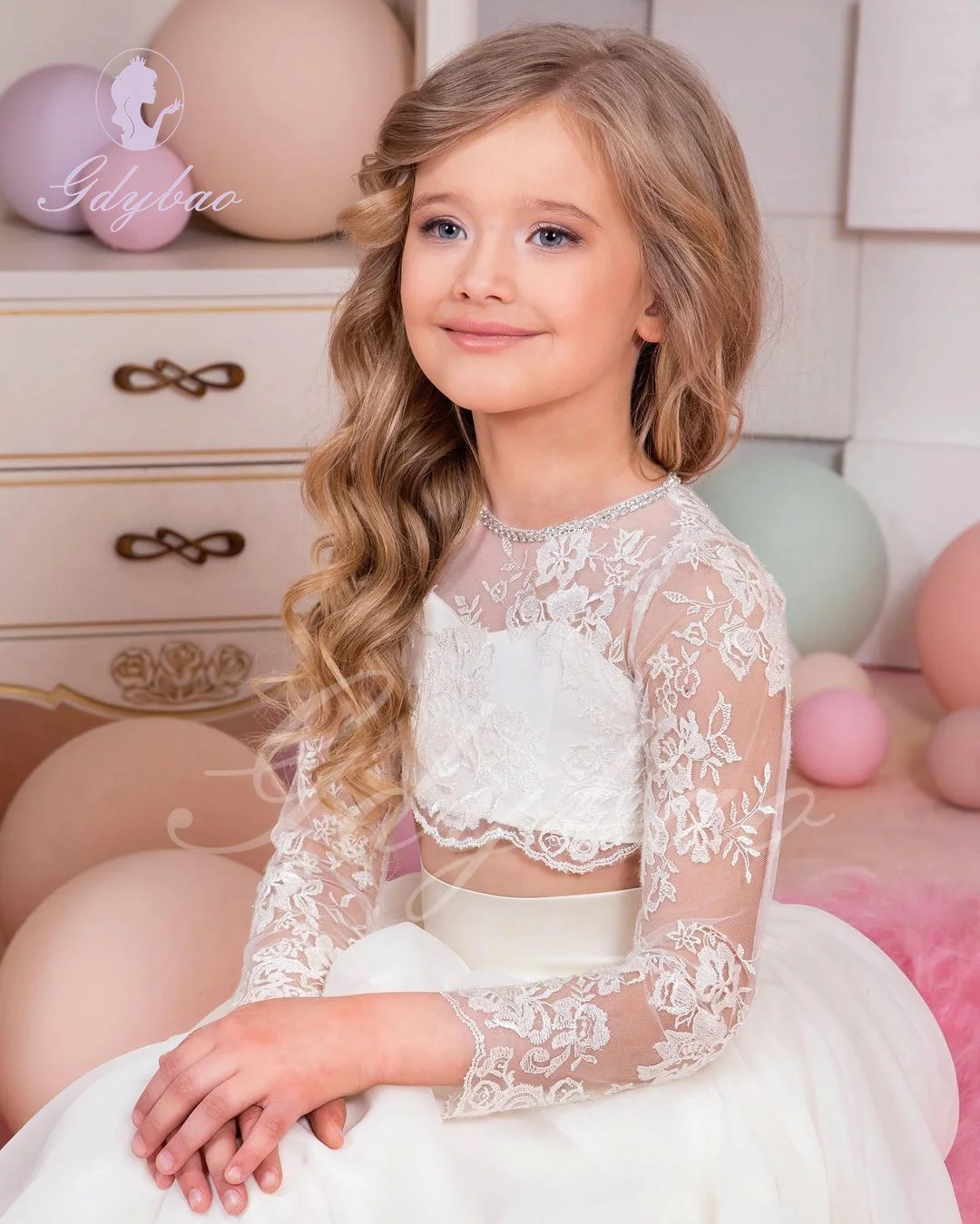 Lace Tulle Flower Girl Dress For Wedding Full Sleeves O-neck 2PC Set Kids Birthday First Communion Princess Baby Ball Gowns