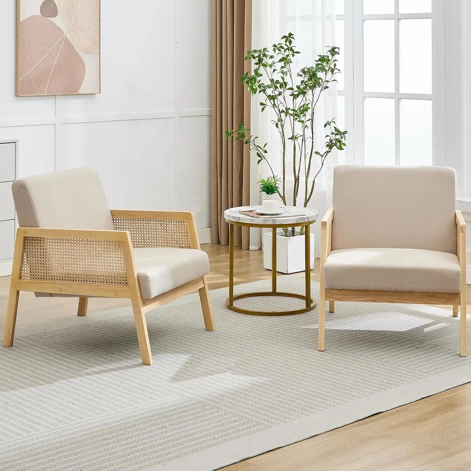 Luxurious Upholstered Armchair with Sturdy Wood Legs for Living Room Bedroom Patio Indoor Outdoor, Set of 2, Beige, Customized