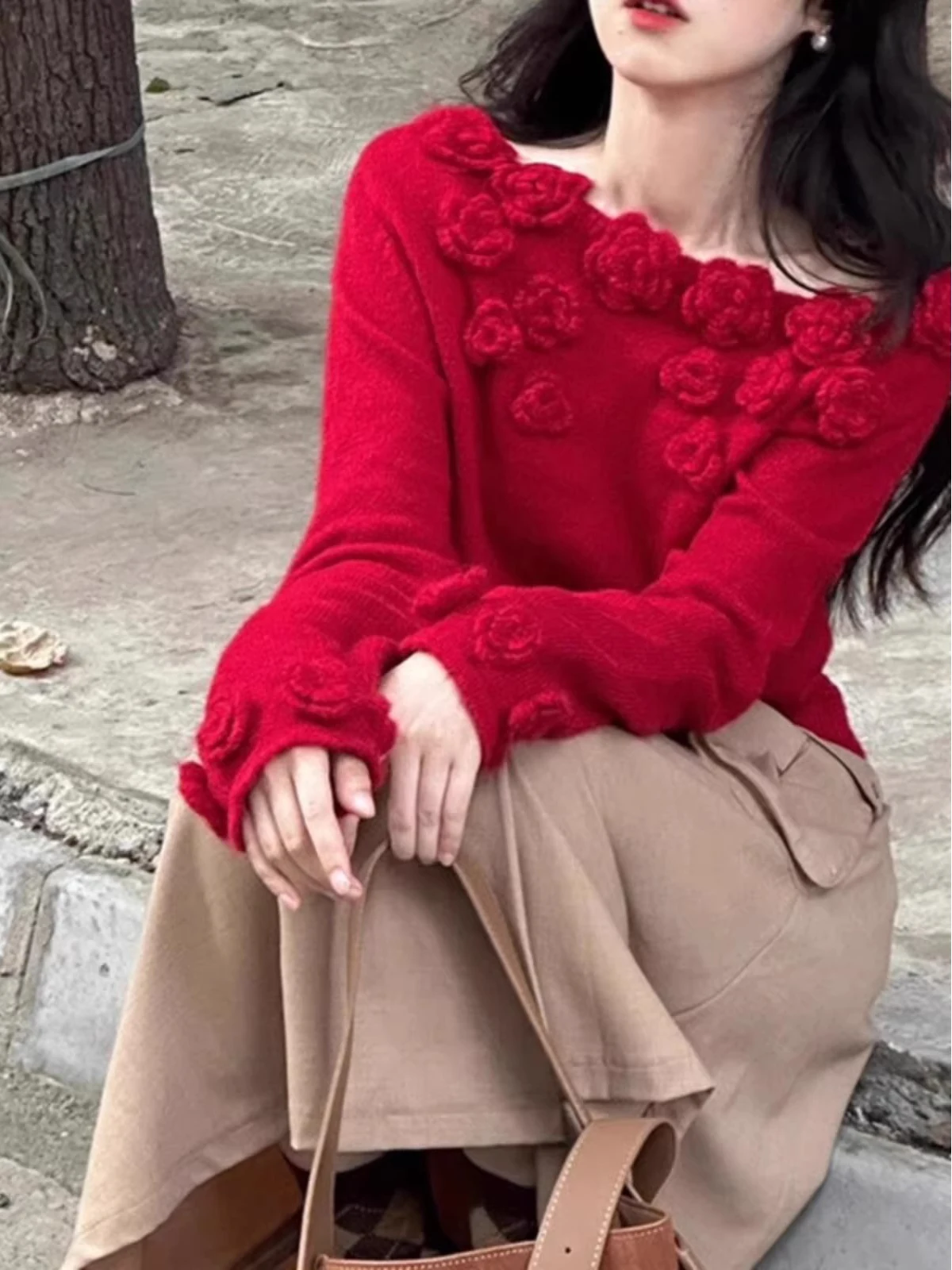 

Red New Year Retro 3D Rose Knitted Sweater Women's Winter Outerwear Slimming oulder Bared Top Soft Long Sve Knitwear