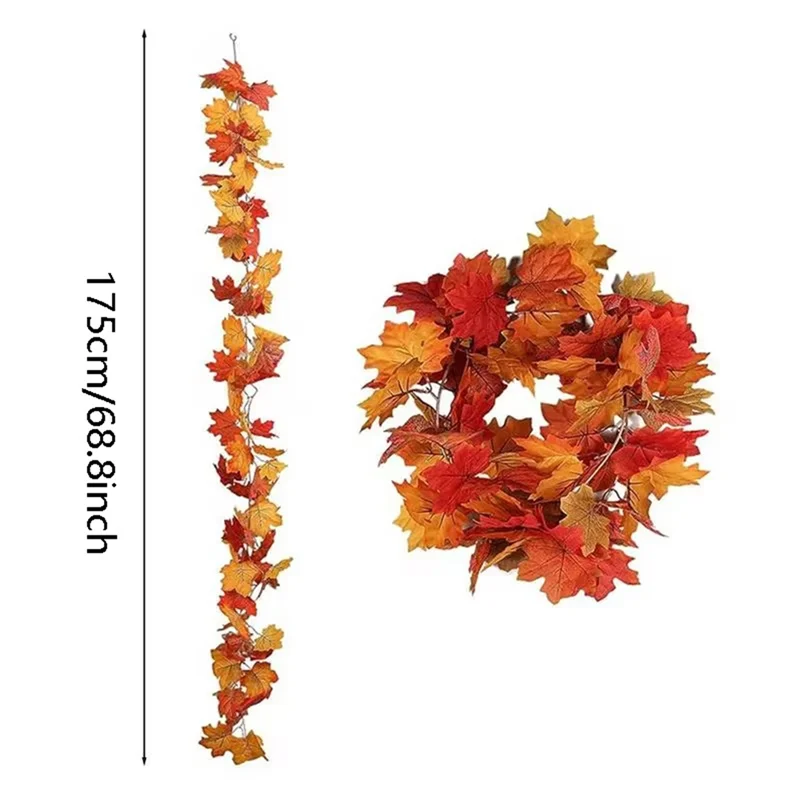 AT02-Thanksgiving أكاليل 2 قطعة إكليل الخريف الاصطناعي أوراق القيقب 5.8Ft إكليل الخريف الزخرفية لإطار باب الموقد