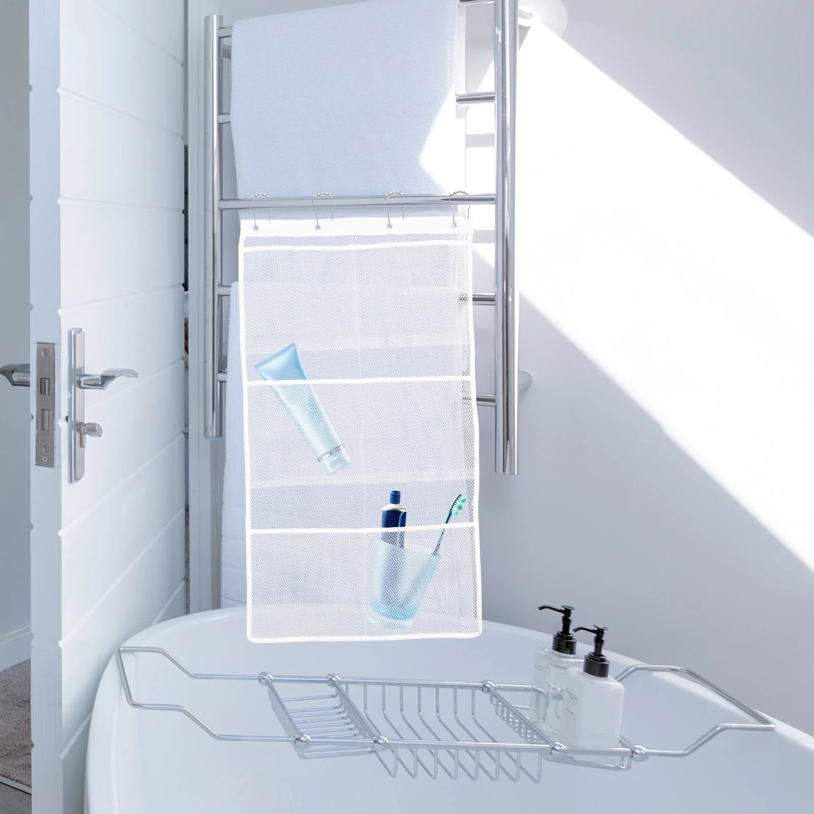 

6-Pockets Mesh Storage Bag Hanging Bathroom Organizer For Shower Toiletries Soap Towels Cup Bath Accessories
