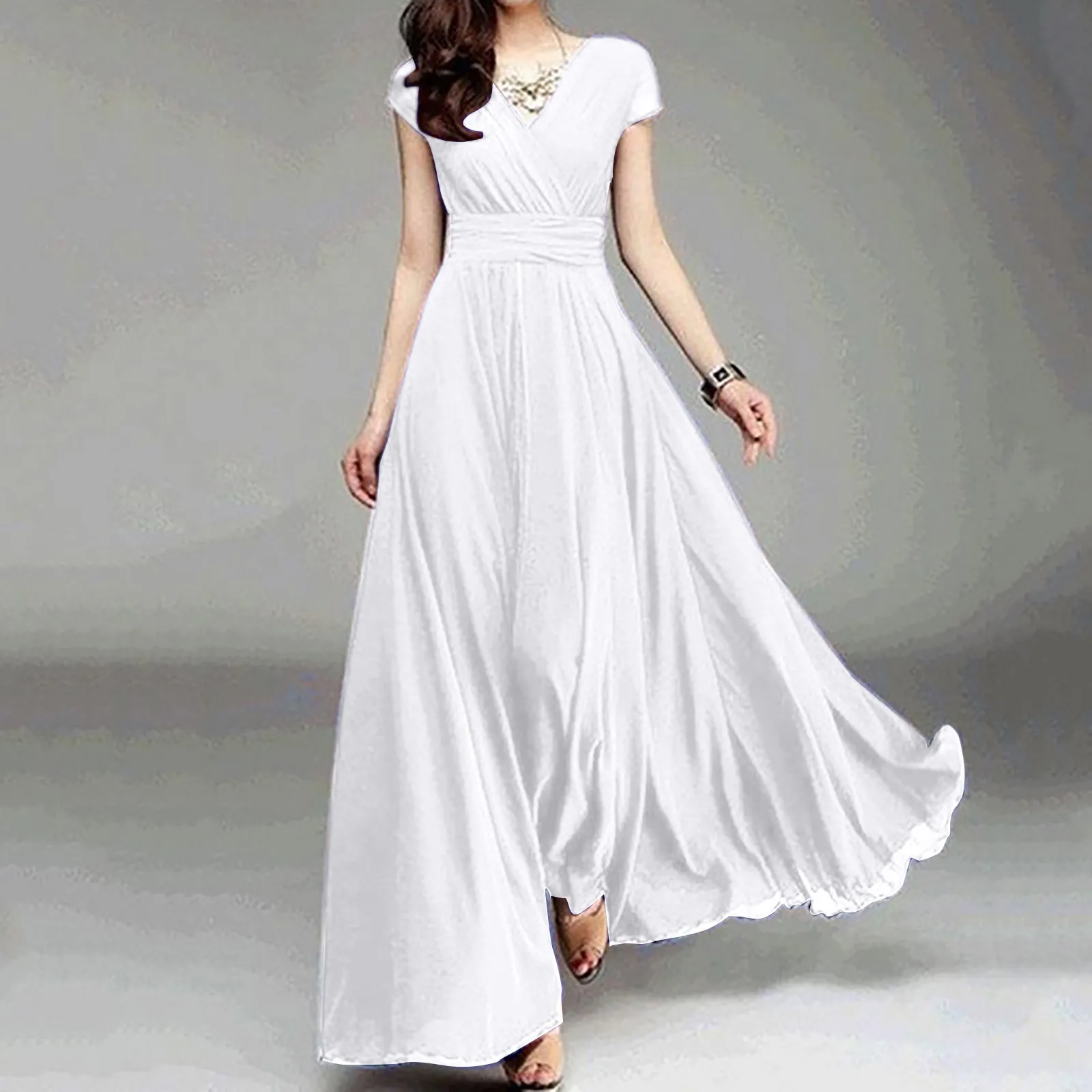 Elegant Maxi Dresses For Women Summer 2024 V-Neck Solid Color Short Sleeve Chiffon Waist Vestidos Evening Party Long Dress