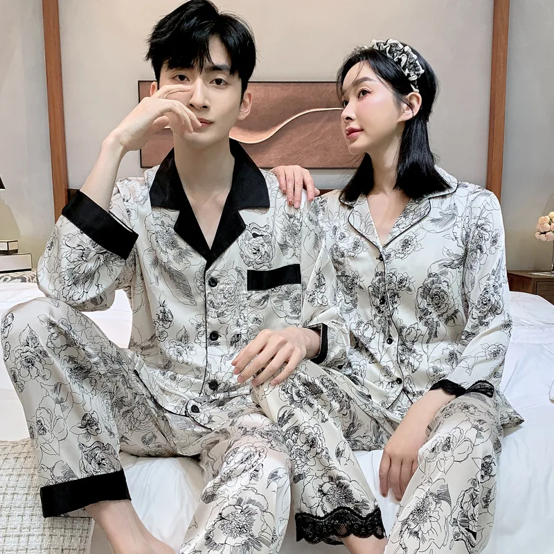 High Quality Satin Couple Pajamas Suit Men Spring Nine quarter sleeves Thin Ice Silk Sleepwear Set Women Summer Home Clothes Boy