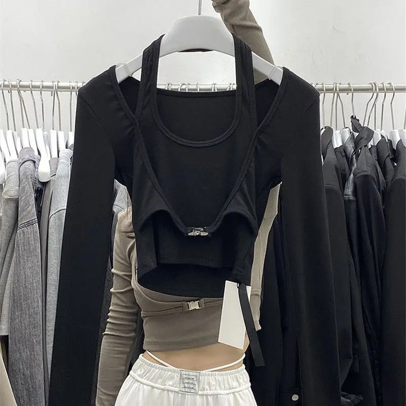 Camiseta de manga larga para mujer, camiseta con cuello Halter y parte inferior de diseño, primavera 2026