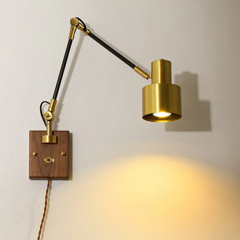 Full copper cover retro bedroom bedside Nordic wall lamp with walnut rocker switch
