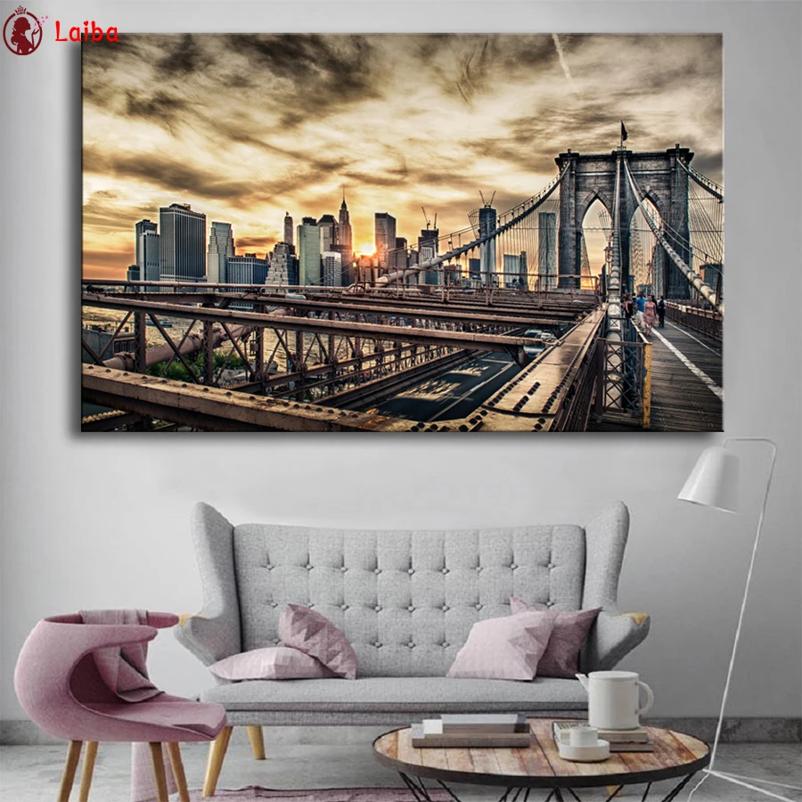 Full Square Round Diamond Mosaic Painting, DIY Diamond Embroidery, Brooklyn Bridge Landscape, 5D, Sale