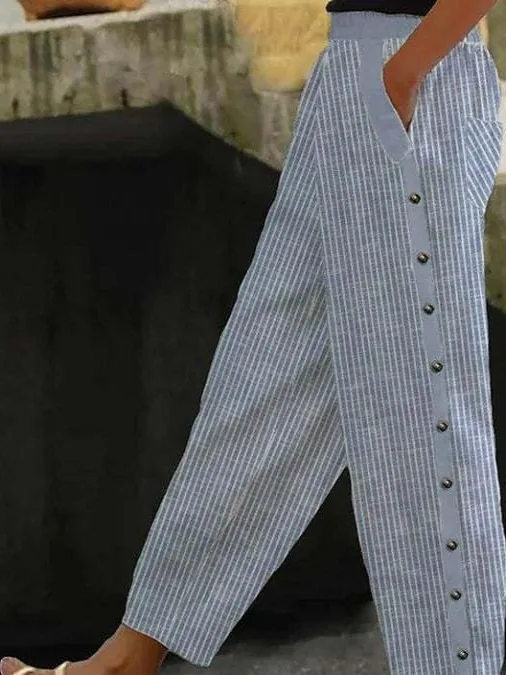 

Casual Striped Loose-Fitting Nine-Inch Pants High Waist Elastic Waist Buttoned Harlan Straight Leg Polyester Fiber Spring Ladies