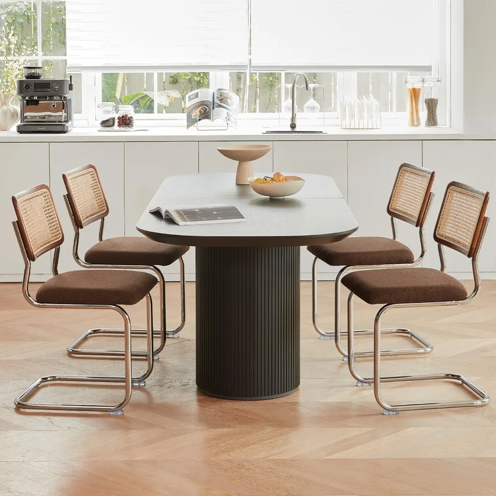 Wooden Mid-Century Modern Kitchen Chairs, Mesh Back Cane Dining Room Chairs, Design  with Metal Chrome Legs