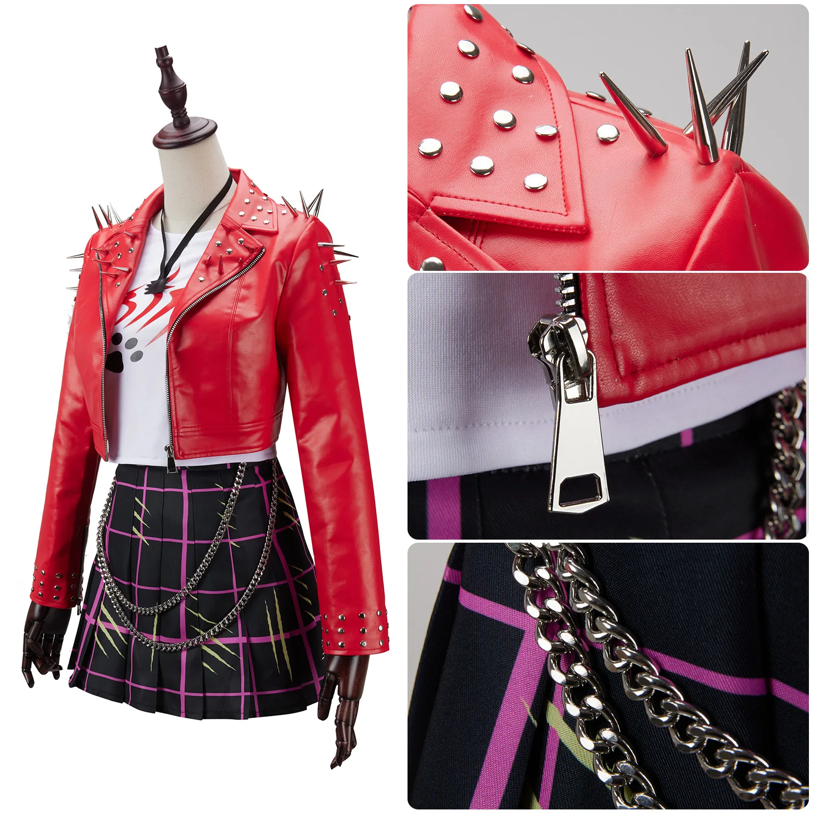 Anime Cat Cosplay Costume Wolf Girl Red Punk Rivet Leather Jacket Uniform Set Halloween Carnival Song Dance Performance Dress