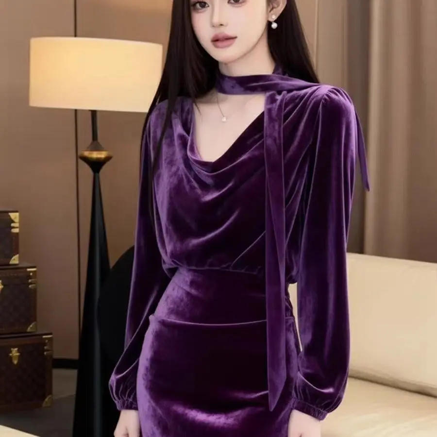 

2025 super fire winter dress purple velvet streamer shirt skirt light ripe temperament unique beautiful dress