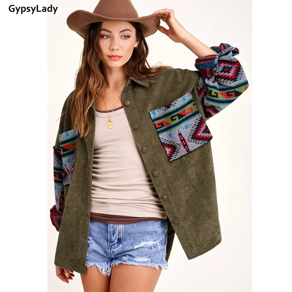 GypsyLady giacche in velluto a coste con stampa floreale cappotto Vintage Boho giacche da donna allentate cappotti tasca autunno inverno giacca