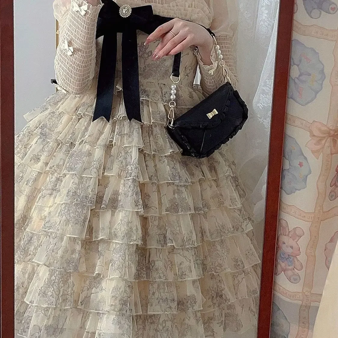 日本のかわいいロリータ Jsk ドレス女性甘い弓フリル花柄パーティーティアードケーキドレスヴィンテージプリンセスドレス