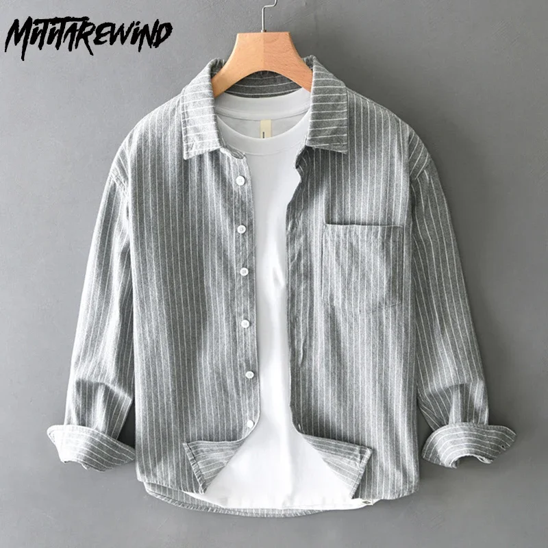 

Весенняя винтажная полосатая рубашка в стиле Харадзюку, мужские повседневные рубашки, рубашки с длинными рукавами и карманами с лацканами, мужские топы из чистого хлопка, свободные рубашки