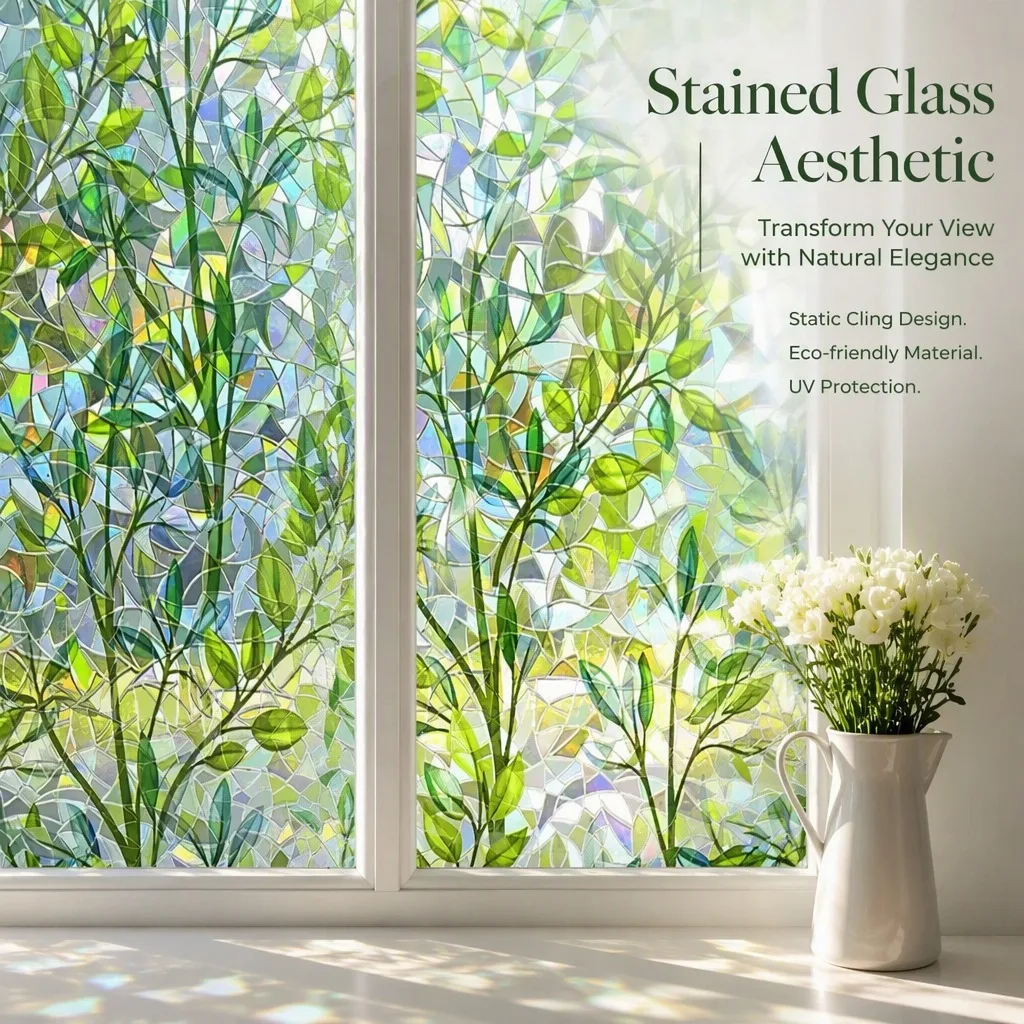 Stained Glass Aesthetic Window Film Green Leaf Static Cling UV Protection Eco Friendly Privacy for Home Glass Door Decor