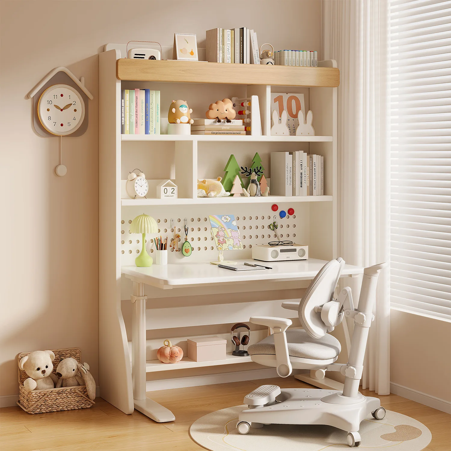 

Children's Study Table Writing Table Hole Board Bookcase Table and Chair Set Integrated Computer Desk Lifting Desk Bookshelf