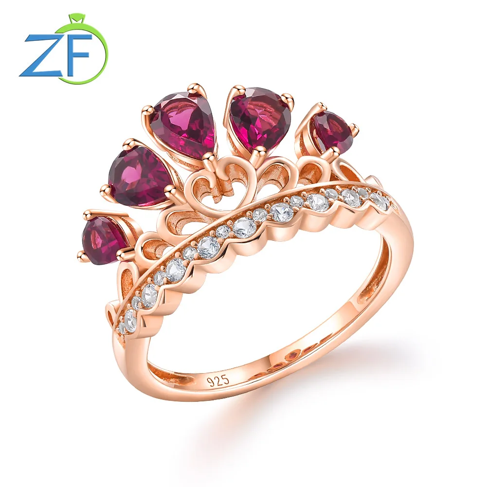 GZ ZONGFA Pure 925 Sterling Silver Women's Crown Ring, Set with a Natural Purple-Red Garnet, Elegant Party Style, 14K Rose Gold