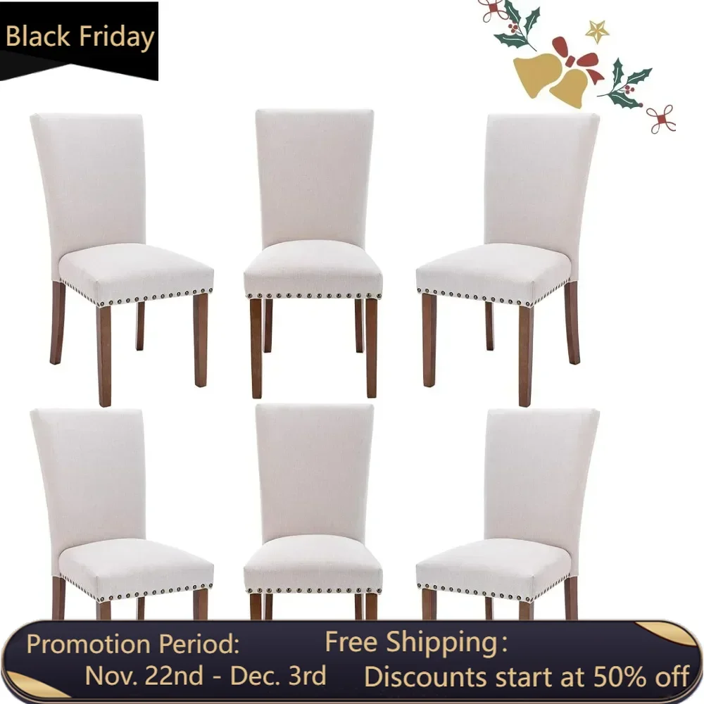 

Dining Chairs Set of 6, Upholstered Nailhead Dining Room Kitchen Side Chair with Thick Cushions and Wood Legs, Beige