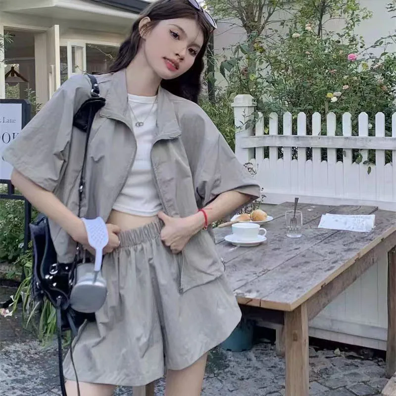 

2025 New Thin Short Sleeve Jacket + Shorts Korean Chic Loose Two-Piece Suit Casual Quick Dry Sports Two Piece Sets Women Summer