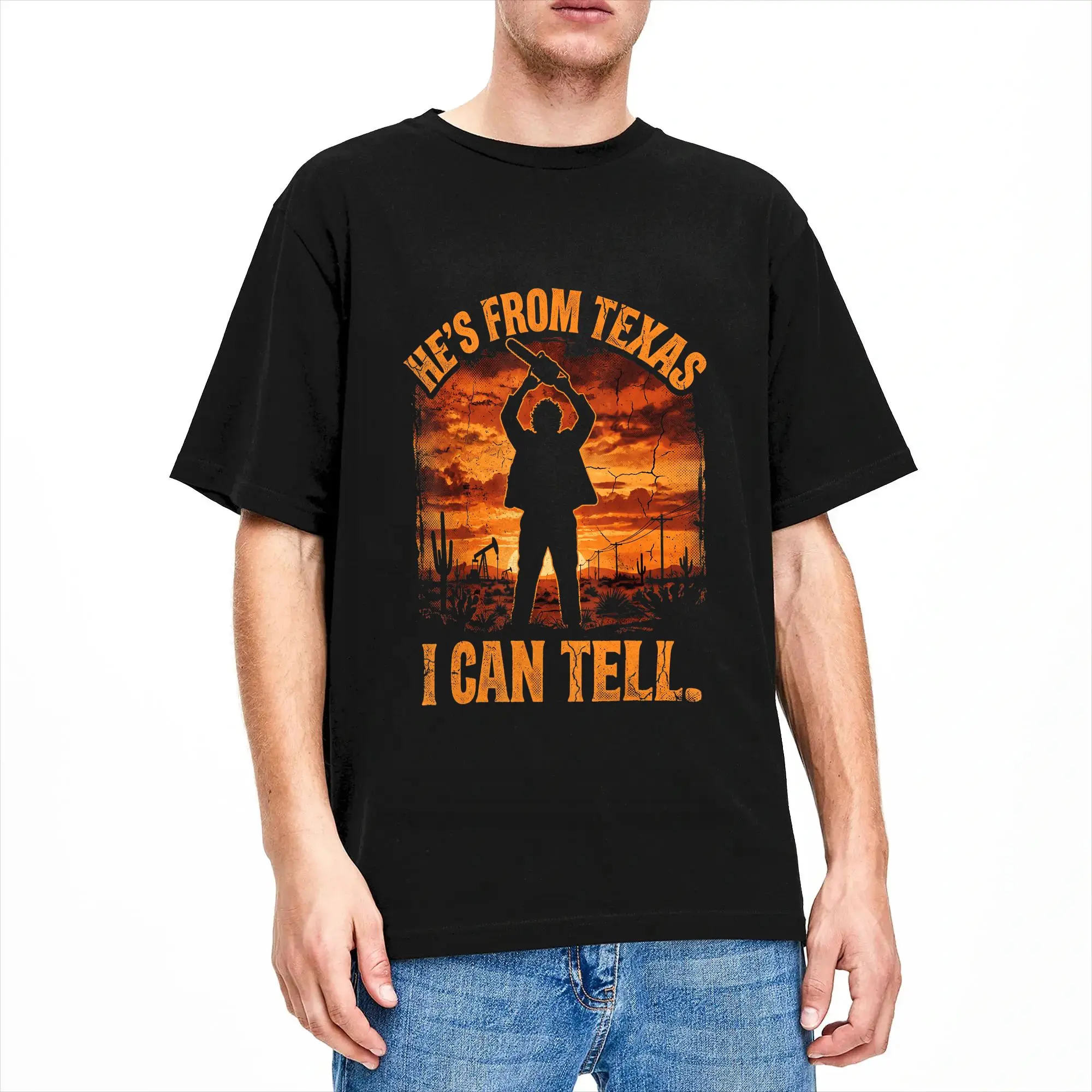 Streetwear T-Shirt Beach hes from Texas i can Tell Shirt Halloween Chainsaw Horror Novelty T-Shirts  Cotton Tee Shirt
