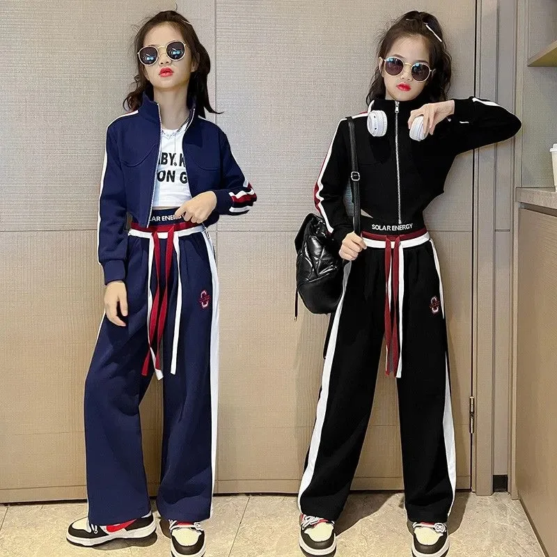 

Spring Autumn Junior Girl Tracksuit School Girl Zipper Sweat Jackets+Contrast Straight Pants Child Jogger Workout Set 5-14Yrs