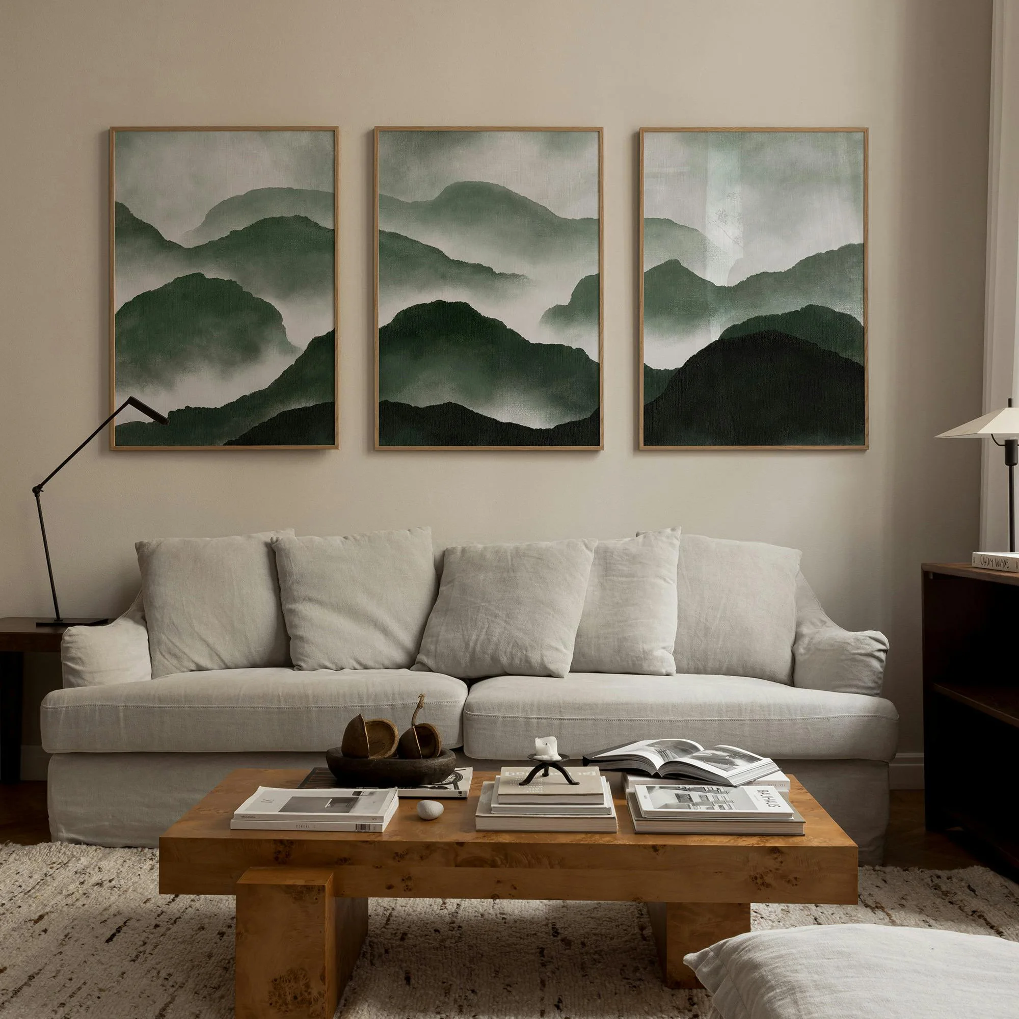 3pcs/Set Vintage Green & Grey Mountains Canvas Posters Unframed Minimalist Soft Mist Landscape Poster for Living Room Decoration