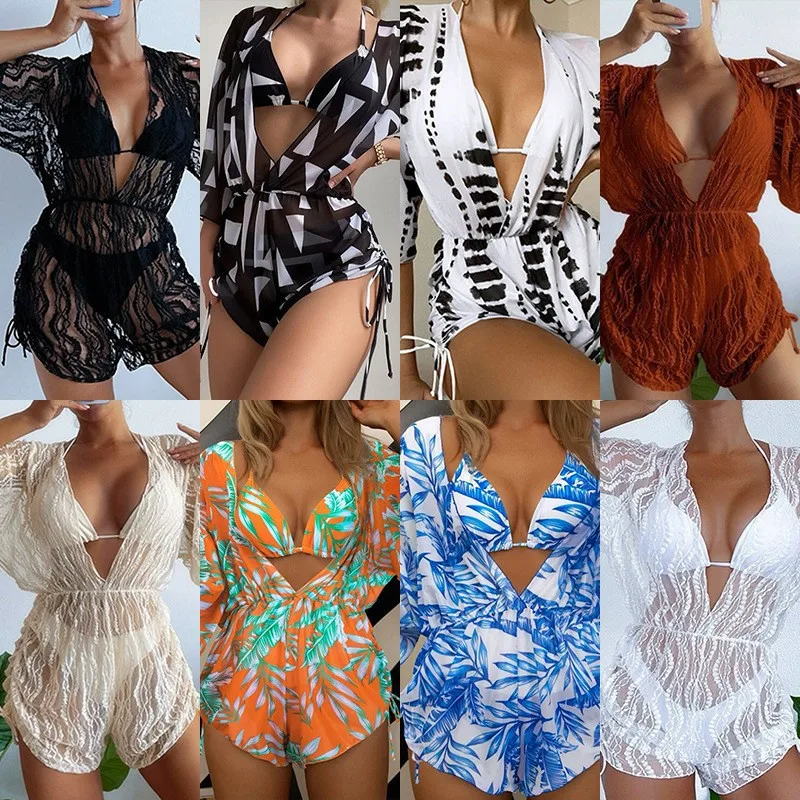 2024New Long Sleeve Mesh Waist One-Piece Swimsuit High Waist Print Drawstring Three-Piece Bikini