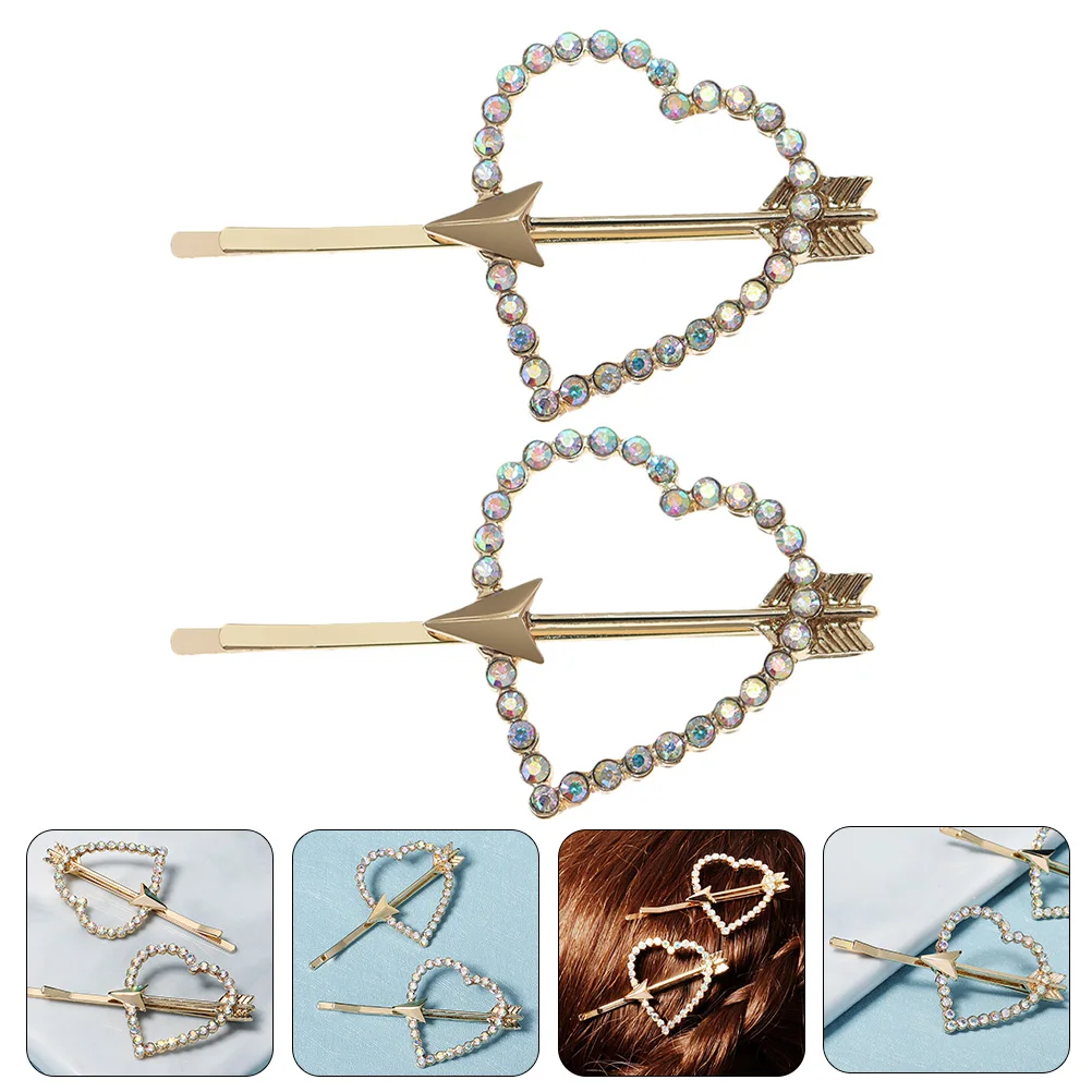 

2pcs Heart Rhinestone Decorative Bobby Pins Women Hair Clips Barrettes Metal Hairpins Stylish Elegant Accessories For