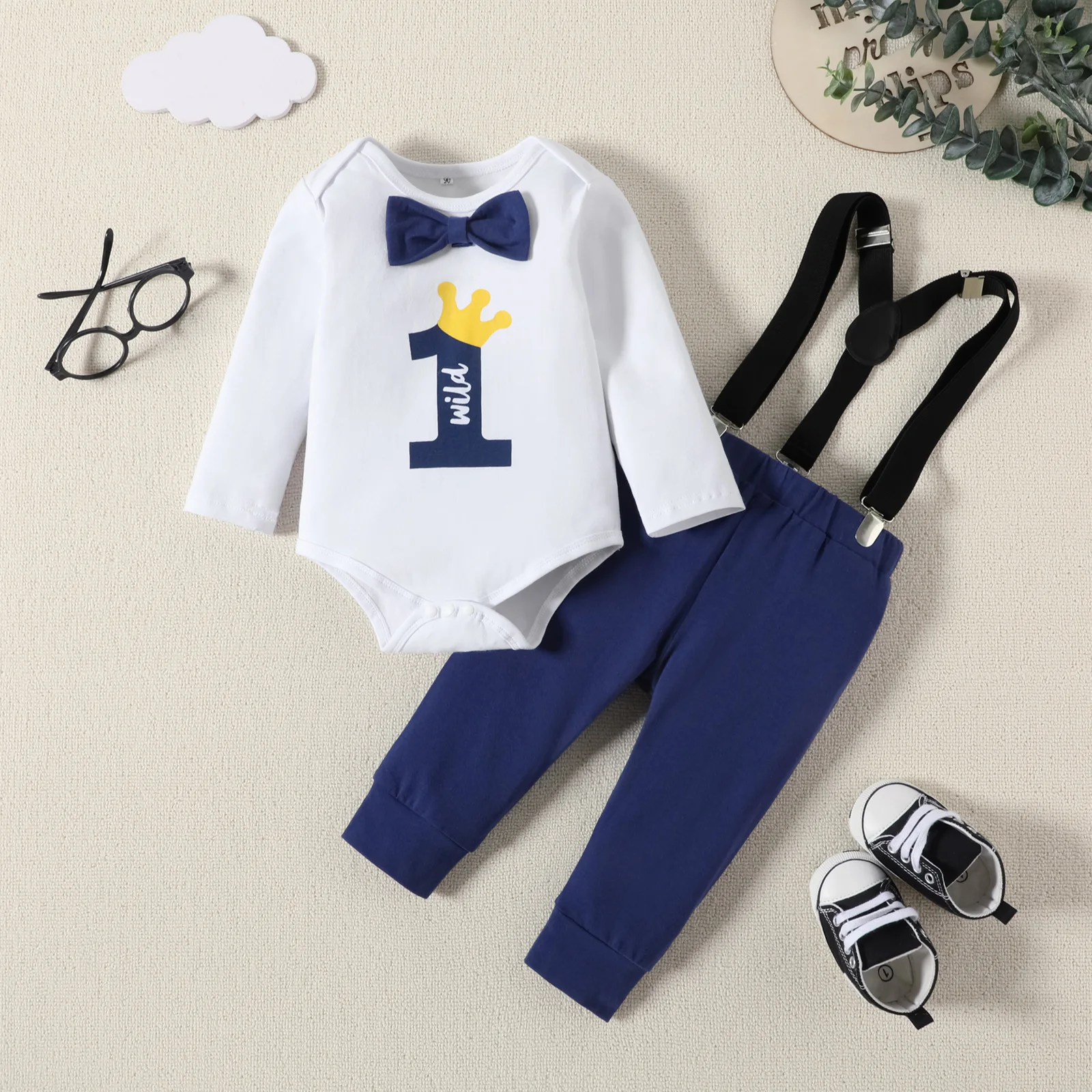 Baby Boy Clothes NO.1 Printed Romper Long Sleeve Bodysuits with Suspender Pants First Birthday Outfit for Cake Smash Photograph