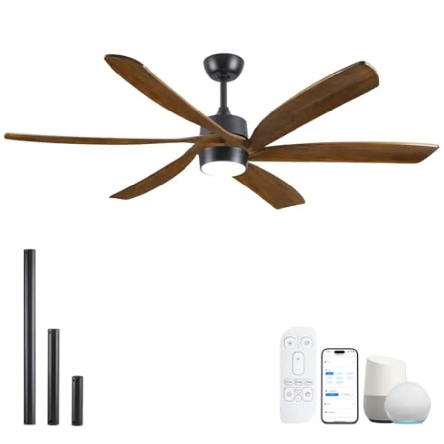 

60 Inch Outdoor Smart Ceiling Fan with Light, Alexa/App/Remote Control, Modern Farmhouse Style, High CFM Quiet DC Motor, 6 Soli