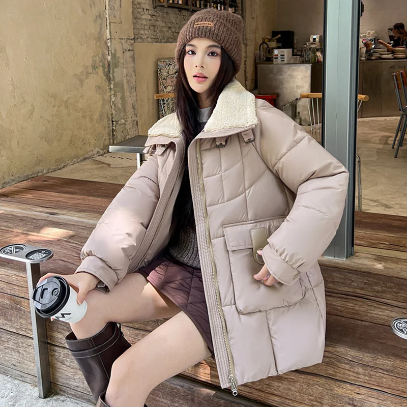 

2025 Fashion Lambswool-turndown-collar Parkas Women's Winter Down Cotton-padded Jackets Casual Thicken Warm Coats Medium-length
