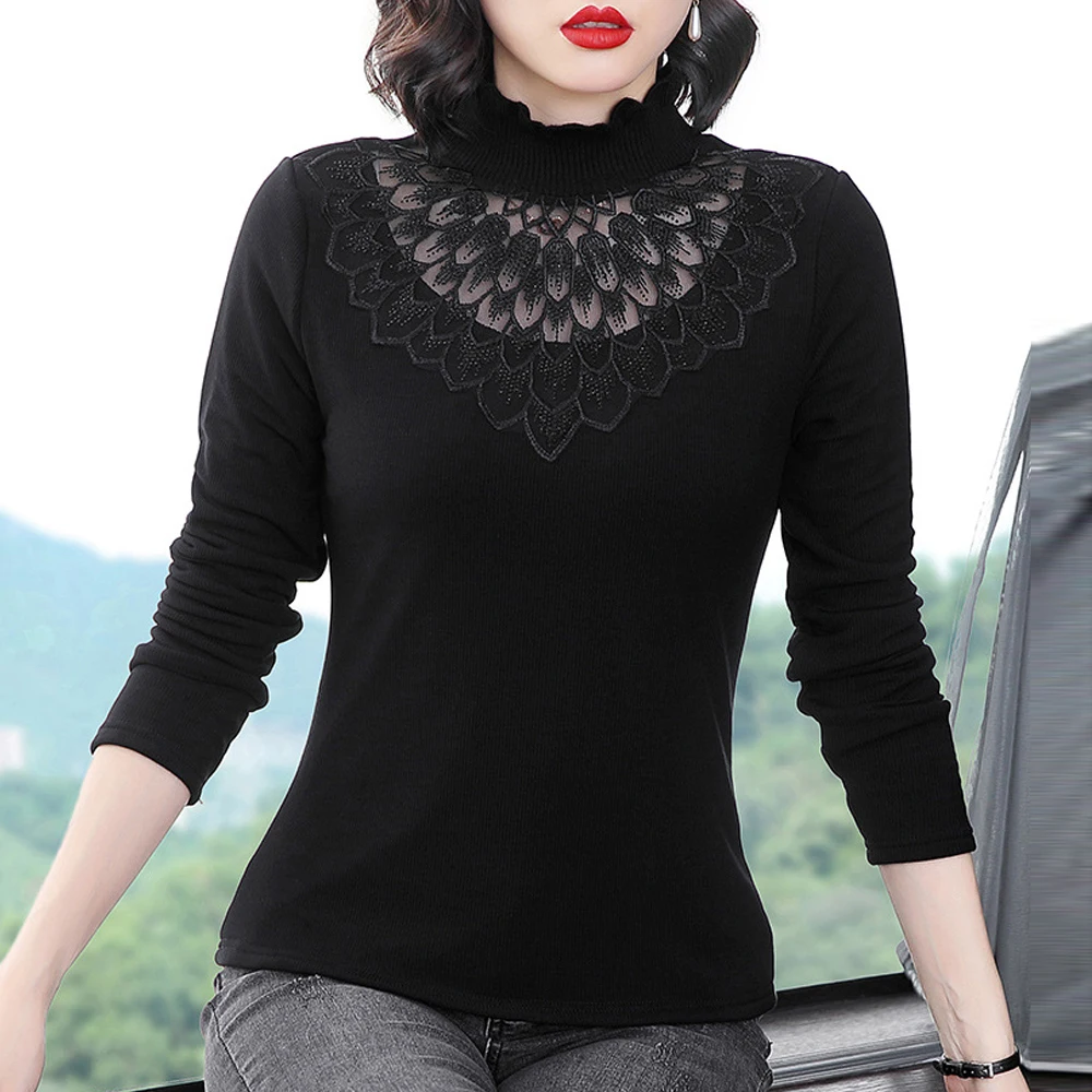 Neue Transparente Feder Blume Spitze Elastische T Shirt Bluse Frauen S-3XL Schwarz Weibliche Blusen Billiger Tops Lange Ärmel T-Shirt