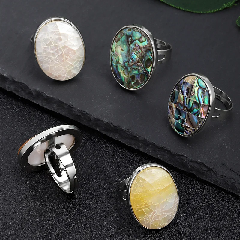 Silver Color  Natural Paua Shell Finger Rings for Men Girl Mother of Pearl Abalone Shell Colorful Yellow Summer Ring Gift F853